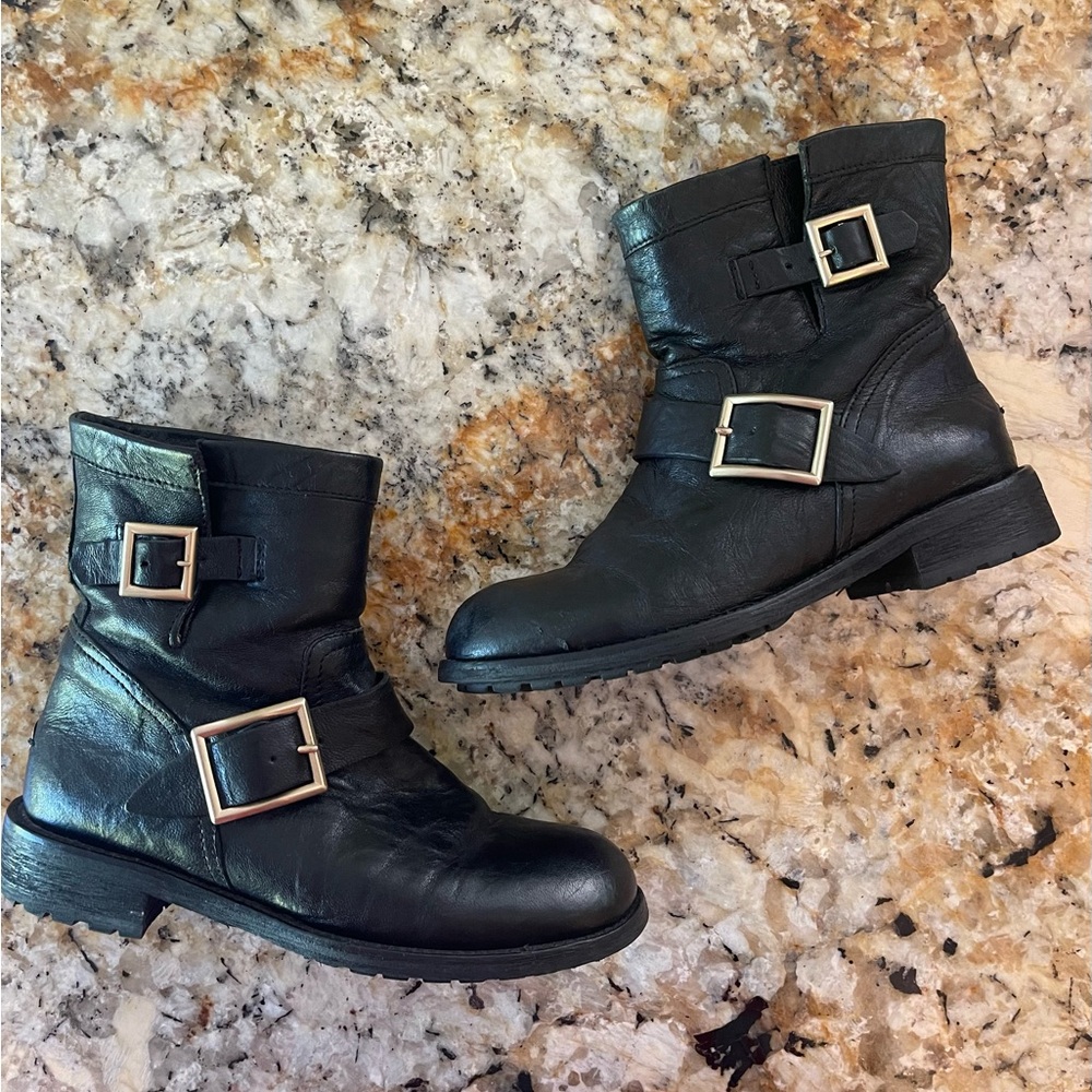 Jimmy Choo Black Leather Boots with Gold Buckle Detailing EUR37/US6.5-7
